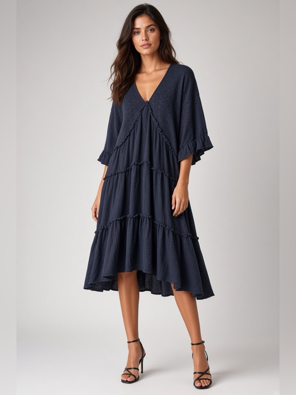 Free People FP Beach Dark Grey Tiered Ruffled  Knit MidiOversized Dress Size S